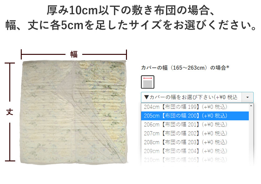 敷き布団カバーのファミリサイズの幅の選び方、厚み10cm以下の場合