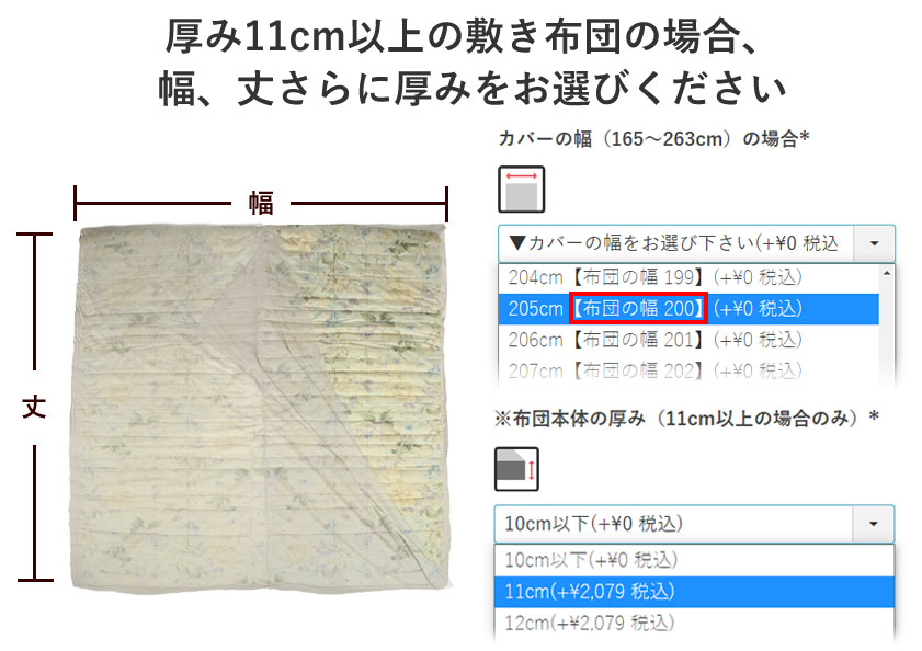 敷き布団カバーのファミリサイズの幅の選び方、厚み11cm以上の場合