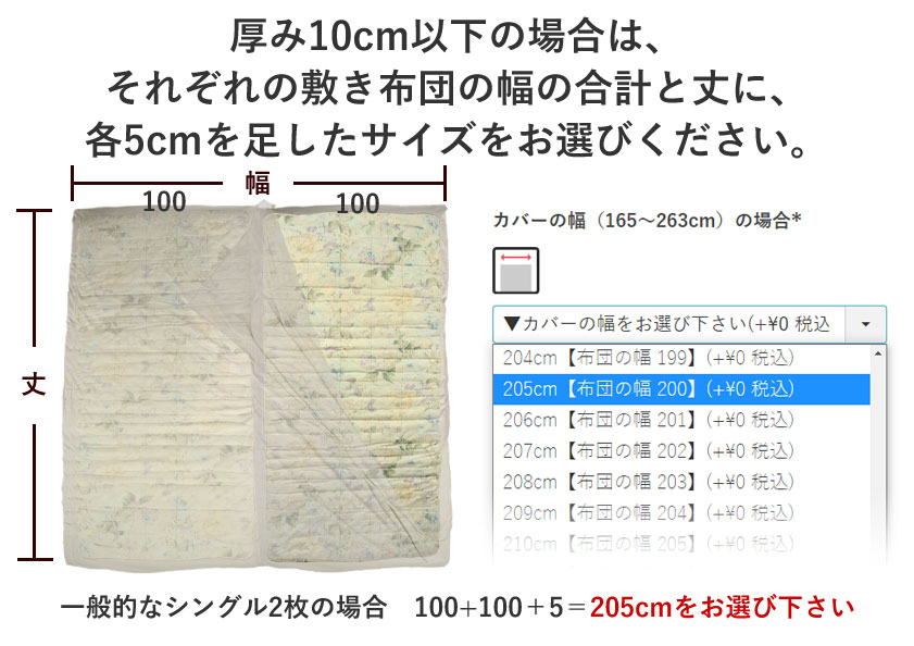 敷き布団カバーの2枚連結幅の選び方、厚み10cm以下の場合