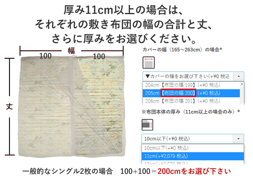 敷き布団カバーの2枚連結幅の選び方、厚み11cm以上の場合