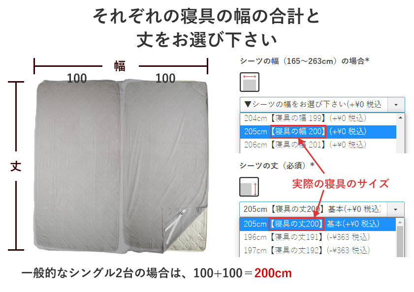 敷きシーツ（四隅ゴム付きシーツ）の2枚連結幅の選び方