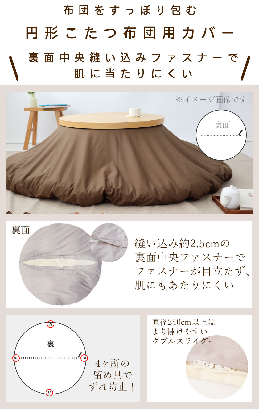 裏面中央ファスナー、4ヶ所留め具でずれ防止