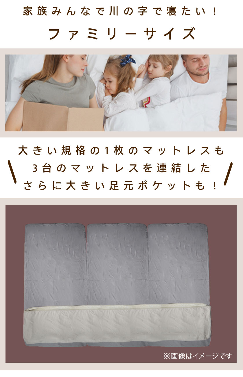 大きい規格のマットレスも3台連結したマットレスも1枚で